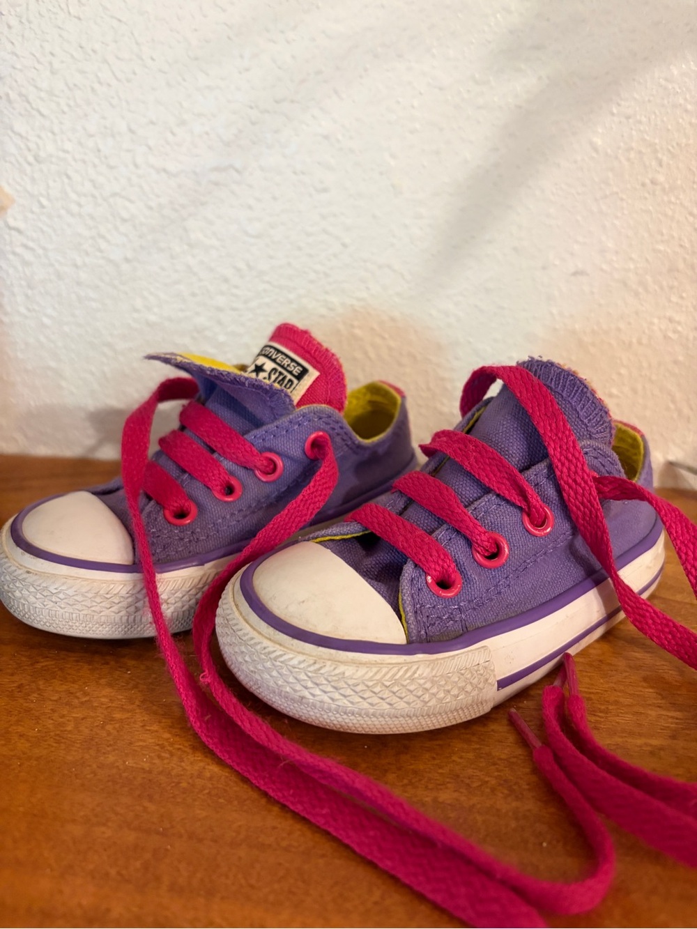 Converse Toddler Purple Canvas Low Top Sneakers with Pink Laces Double Tongue